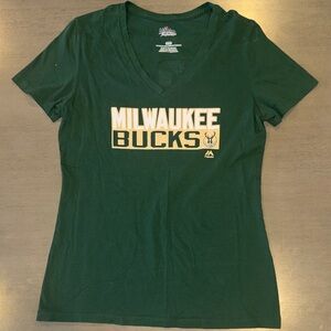Majestic Milwaukee Bucks Antetokounmpo Dark Green V-Neck Women's Tee